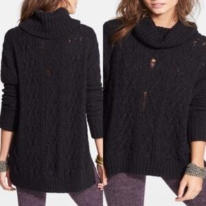 Free People Cozy Black Cable Knit Turtleneck Sweater